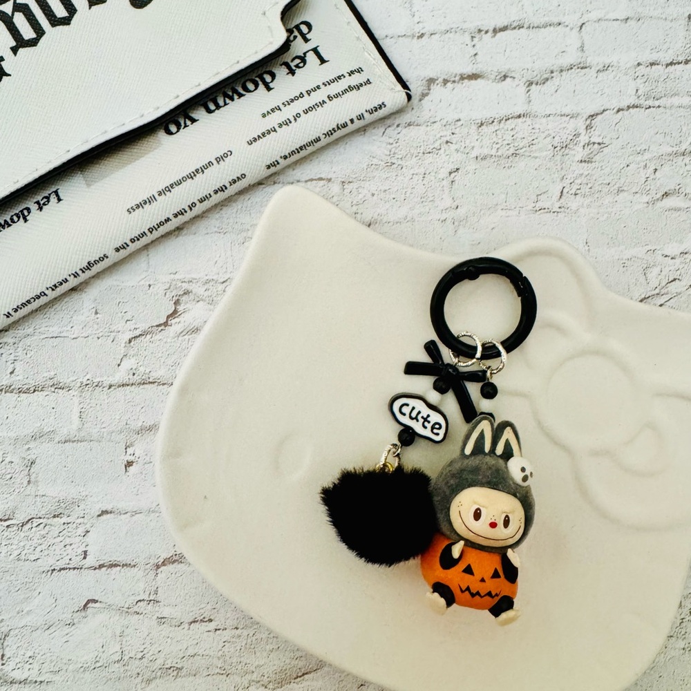 Cute Halloween Keychain with Black Pom Pom